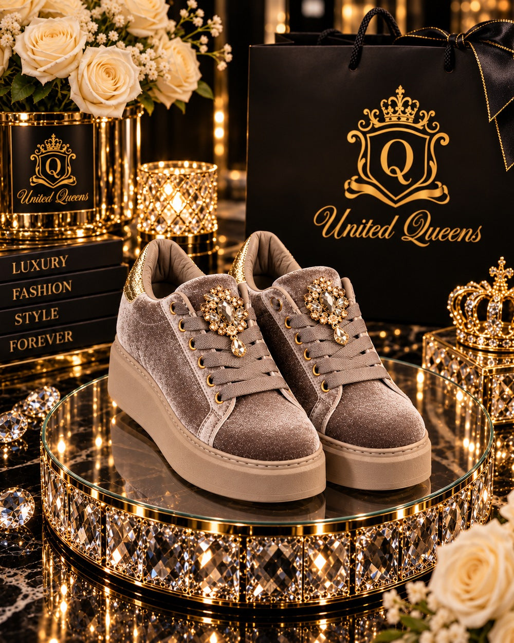 Royal Crystal Velvet Sneaker – Taupe