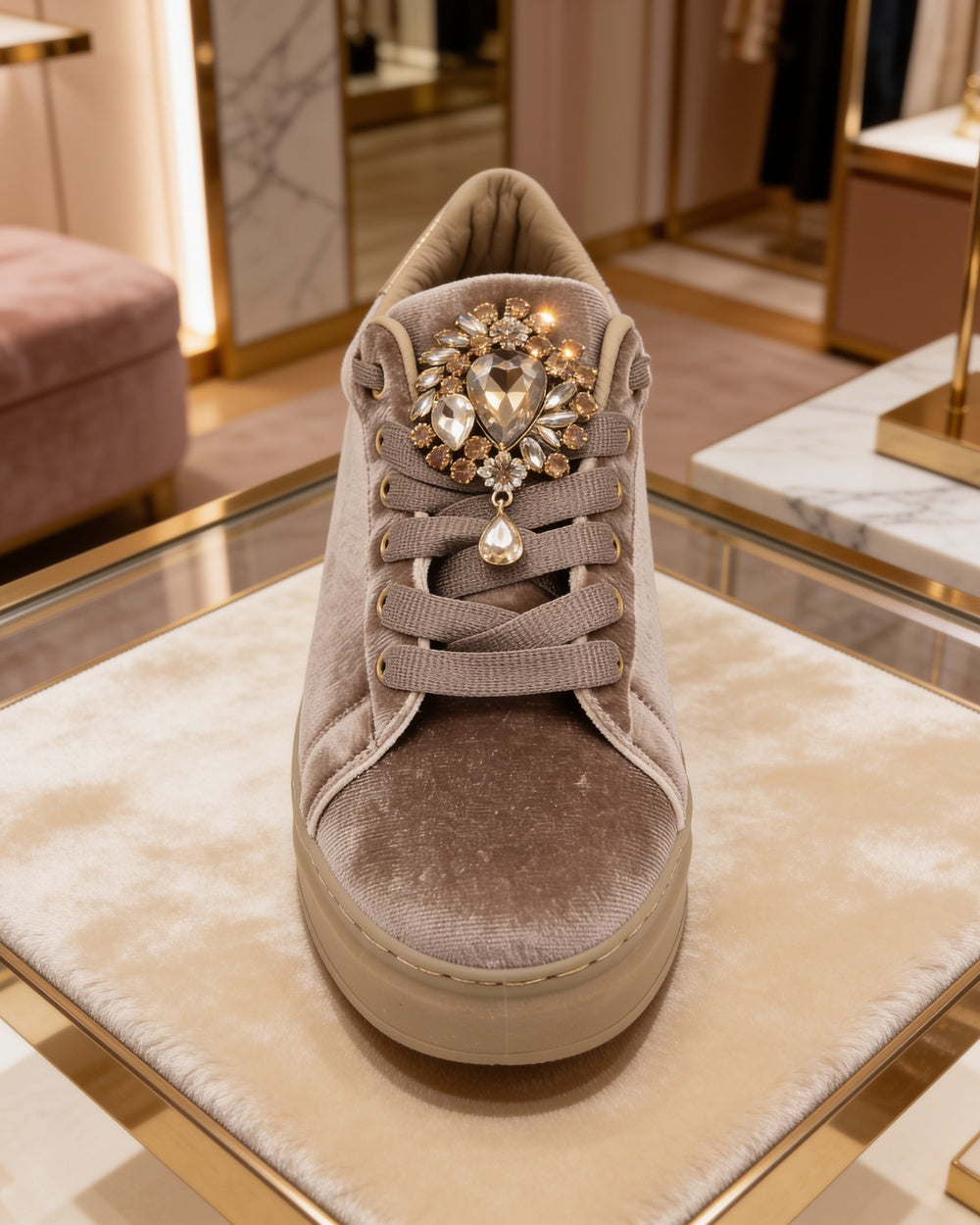 Royal Crystal Velvet Sneaker – Taupe