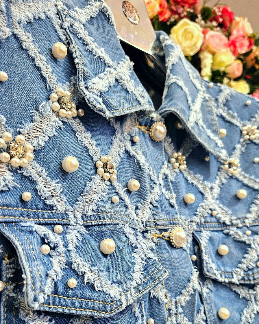 Jeans Weste mit Perlen
