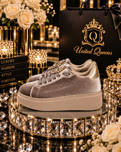 Royal Crystal Velvet Sneaker – Taupe