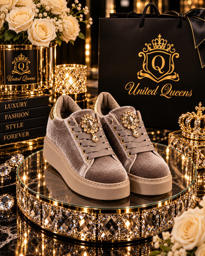 Royal Crystal Velvet Sneaker – Taupe